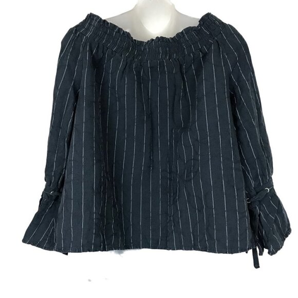 LUCKY Brand Navy Blue With White Stripes  Linen Cotton Mix Top Size M - Picture 6 of 8